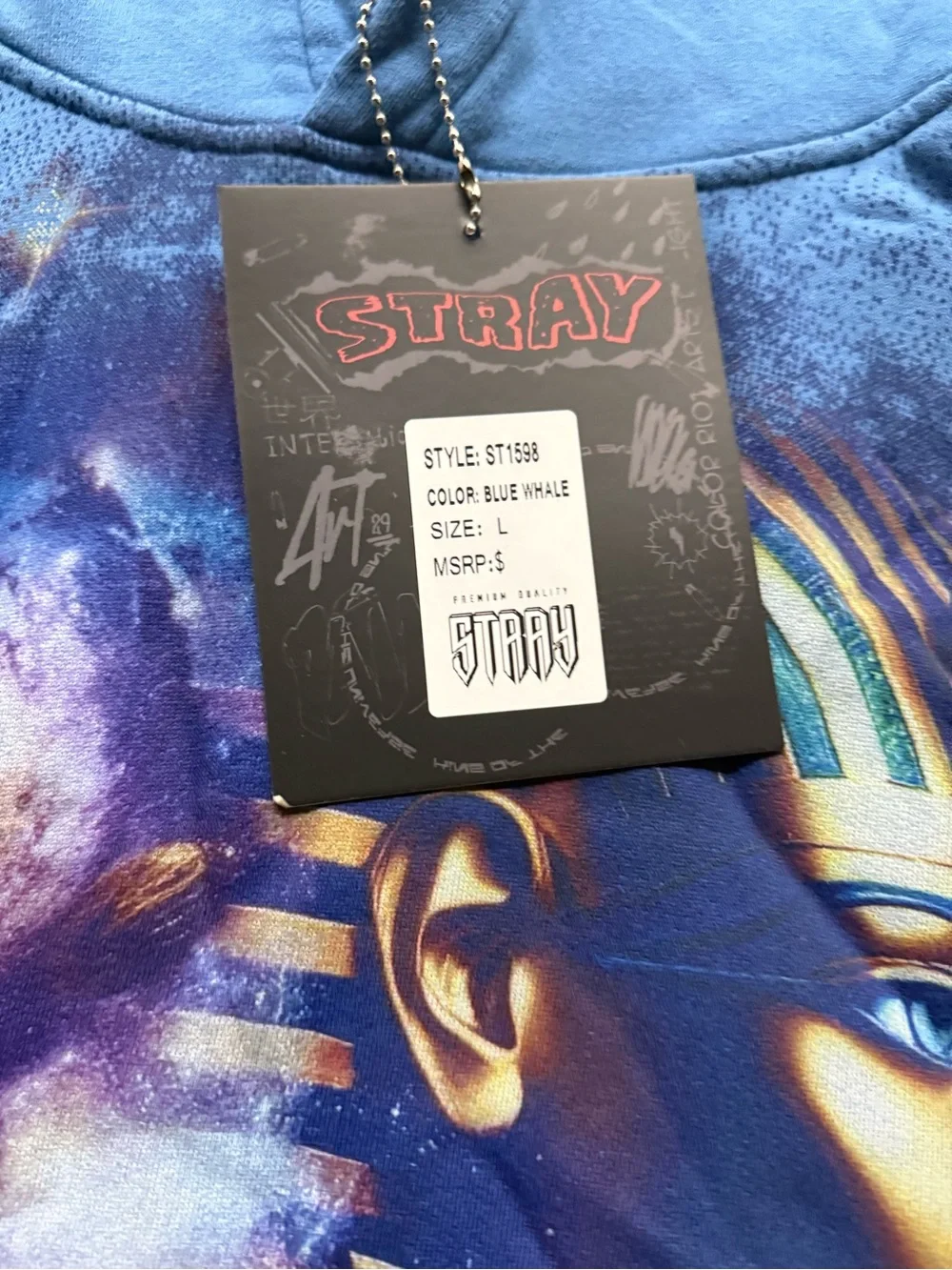 Stray Mens Blue Graphic Egyptian Pharaoh Fleece Hoodie